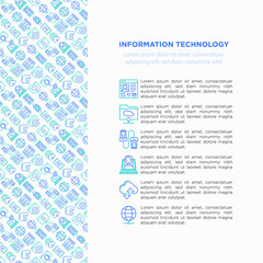Information technology concept with thin line icons: social network, system backup, search, LAN network, connection, API, feedback, video call, online news. Vector illustration, web page template.