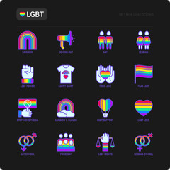 LGBT thin line icons set: gay, lesbian, rainbow, coming out, free love, flag, support, stop homophobia, LGBT rights, pride day. Modern vector illustration for black theme.