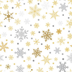 Christmas seamless pattern of snowflakes, brown and gray on white background.