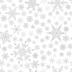 Christmas seamless pattern of snowflakes, gray on white background.