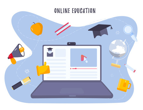 Online education concept with notebook and study objects, hat, pen, book. Modern on site learning training with play button and pointer. vector illustration.