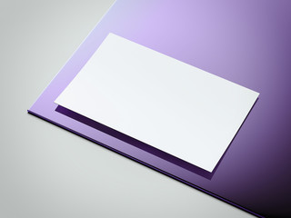 White and violet paper sheet on light gray background, 3d rendering.