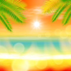 Sea summer sunset with palmtree leaves and light on lens. Orange summer background. EPS10 vector.