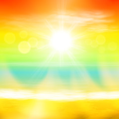Sea summer sunset with the sun and light on lens. Orange summer background. EPS10 vector.