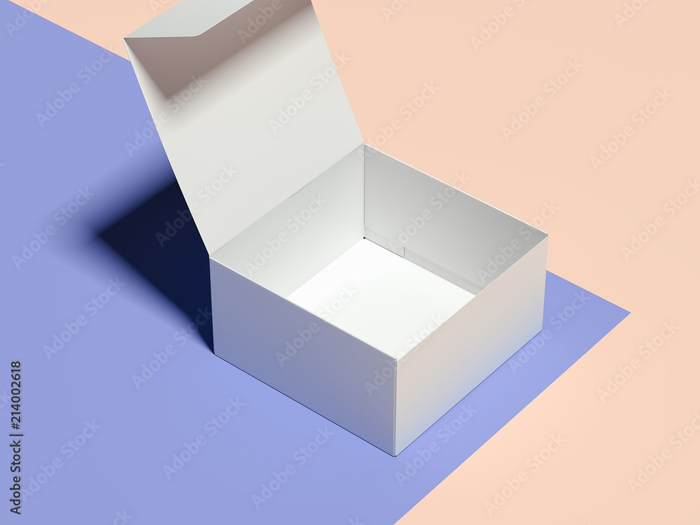 Poster opened empty white cardboard box on multicolour background, 3d rendering.