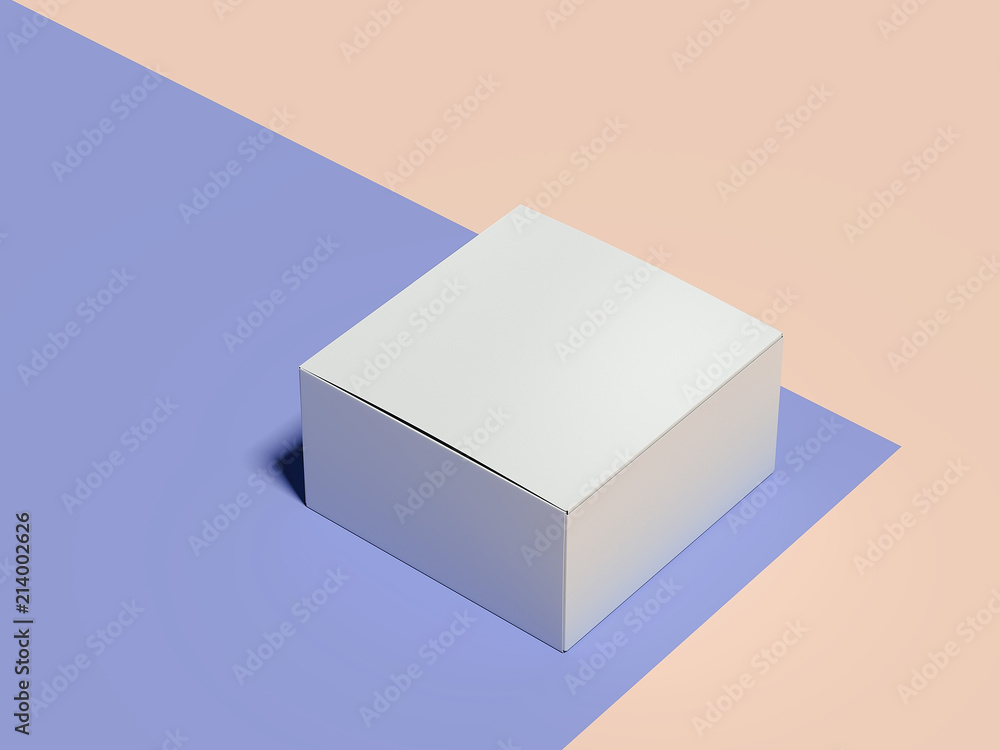 Poster closed empty white cardboard box on multicolour background, 3d rendering.