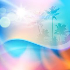 Fototapeta na wymiar Water wave and island with palm trees in sunny day. Blue summer background. EPS10 vector.