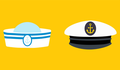 Fototapeta premium Sailor hat set, marine captain clothing.Concept for websites, web banner. Flat design vector illustration. EPS10