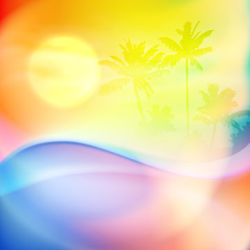 Water wave and island with palm trees in sunset time. Orange summer background. EPS10 vector.
