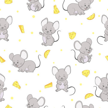 Seamless pattern with cute mice and cheese. Vector mouse background for kids.