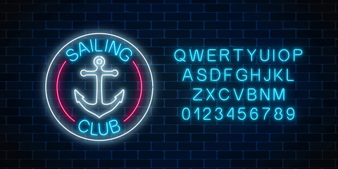 Glowing neon sign of sailing club with anchor symbol in circle frames. Summer leisure yacht club emblem.