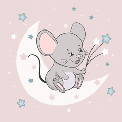 Cute little mouse on the moon. Sweet dreams vector illustration for kids