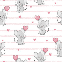 Obraz na płótnie Canvas Cute cartoon mouse with balloon seamless pattern. Vector baby background.