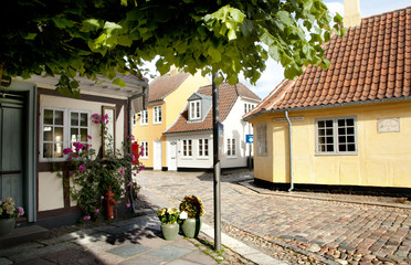Old town of Odense, Denmark. Yellow house is the birthplace of Hans Christian Andersen.
