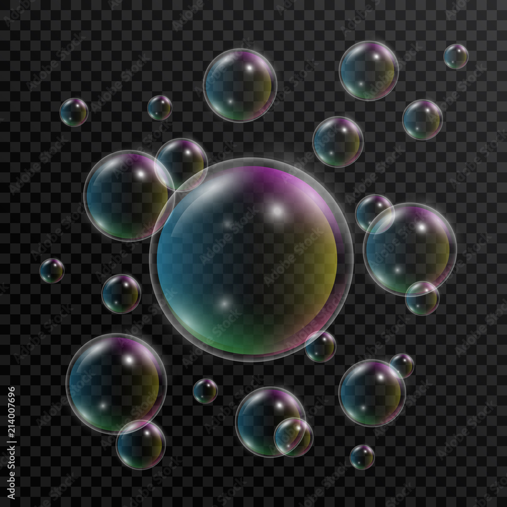 Poster realistic soap bubbles. set of soap bubbles with rainbow reflection on transparent background. 3d bu