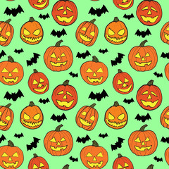 Halloween seamless vector pattern with hand drawn orange pumpkins carved faces and black bats on mint green background.