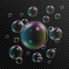 Realistic soap bubbles. Set of soap bubbles with rainbow reflection on transparent background. 3d bubble. Vector illustration
