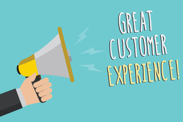 Text sign showing Great Customer Experience. Conceptual photo responding to clients with friendly helpful way Man holding megaphone loudspeaker blue background message speaking loud.