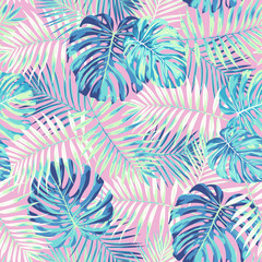Tropical leaf design featuring blue/green palm and Monstera plant leaves on a pink background. Seamless vector repeating pattern. - 214011019