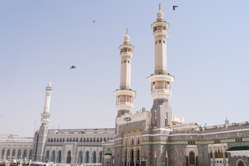 MECCA, SAUDI ARABIA - MAY 02 2018: View on Al Masjid Al Haram mosque in Mecca. Two minarets are the main entrance. Holy Kaaba is inside this mosque