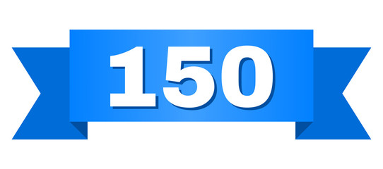 150 text on a ribbon. Designed with white caption and blue tape. Vector banner with 150 tag.
