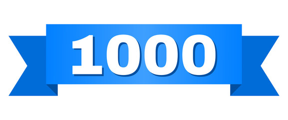 1000 text on a ribbon. Designed with white caption and blue stripe. Vector banner with 1000 tag.