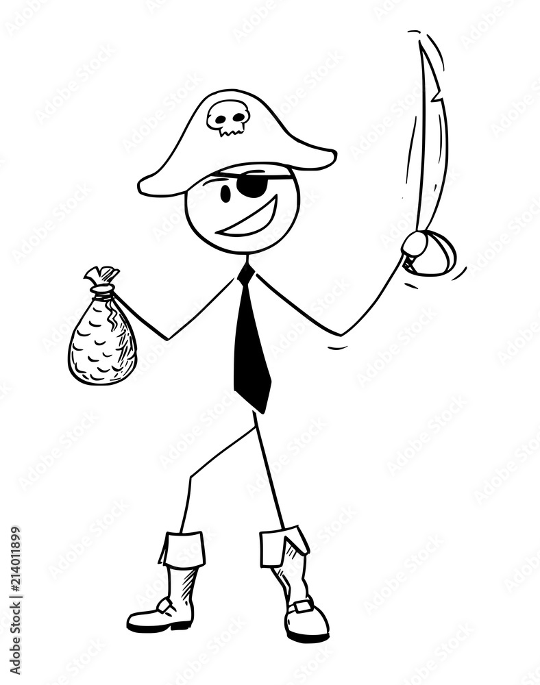 Sticker Cartoon stick drawing conceptual illustration of pirate businessman with eye patch, sabre and bag of gold. Business concept of unethical business.