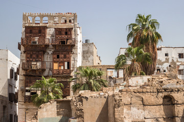 Old Arabian wooden houses in Jeddah, Saudi Arabia, Al-Balad old Arabian town