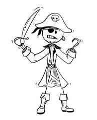 Cartoon stick drawing conceptual illustration of pirate with eye patch, sabre and hook.