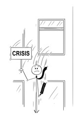 Cartoon stick man drawing conceptual illustration of businessman or banker jumping out of the window and holding sign with crisis text. Business concept of financial crisis or bankruptcy.