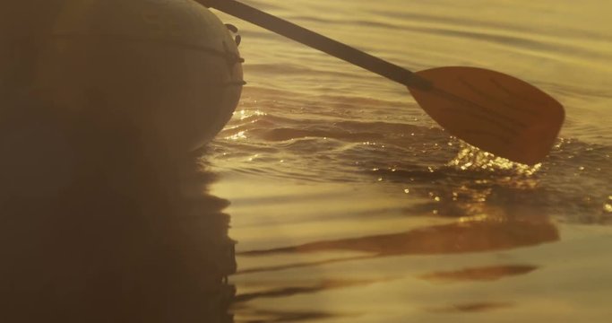 Close up of the oars rowing in the water on a dawn in a first golden sunlight. Outside.