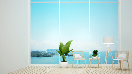 Living room or lounge with sea view and island view in hotel or resort - Living room artwork for summer time - 3D Rendering
