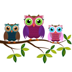 Owl Mom, boy and girl on a branch