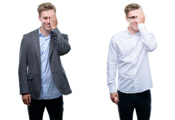 Young handsome blond business man wearing different outfits covering one eye with hand with confident smile on face and surprise emotion.