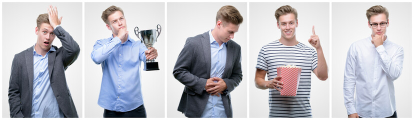 Collage of handsome blond man wearing different outifits