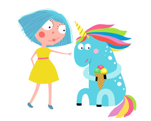 Little girl pets colorful unicorn with ice cream, fun childish illustration. Vector cartoon.