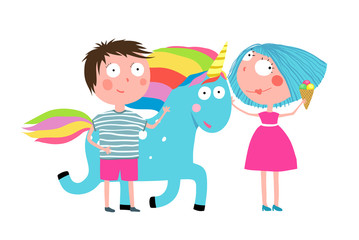 Young couple of kids with animal, fun childish illustration. Vector cartoon.