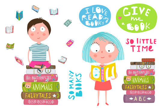 Colorful fun clip art cartoon of children lettering and a pile of books. Vector cartoon.