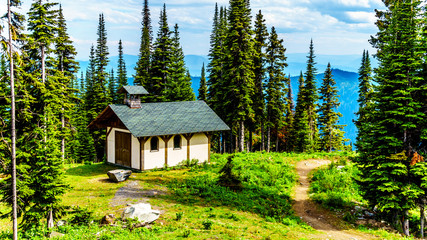 Franziskus Chapel in the summer alpine of Tod Mountain, at the ski resort of Sun Peaks in the Shuswap Highlands of British Columbia, Canada