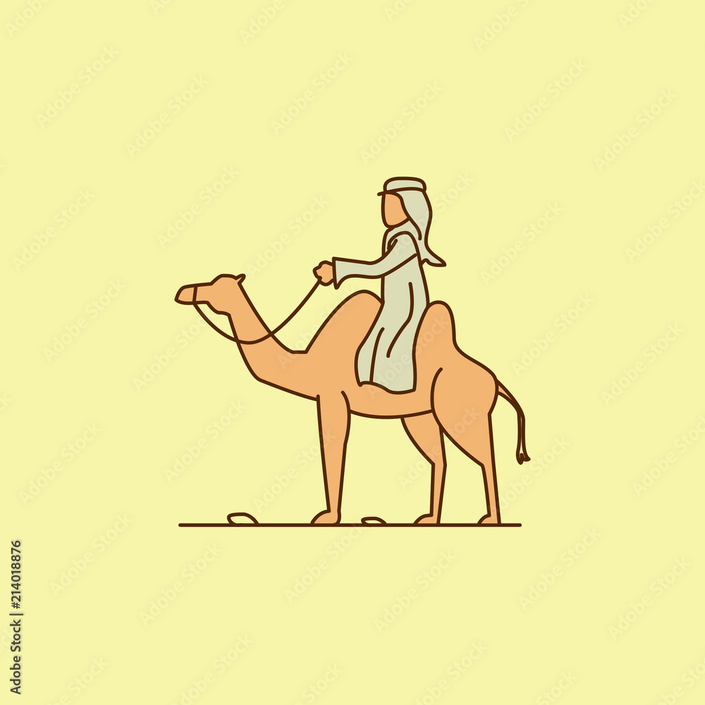 Poster arab on a camel colored field outline icon. element of arabian culture icon for mobile concept and w