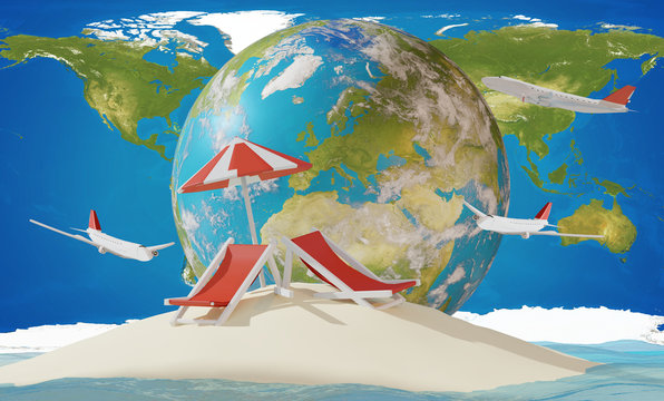 island sand beach chairs with world map and planes. elements of this image furnished by NASA 3d-illustration