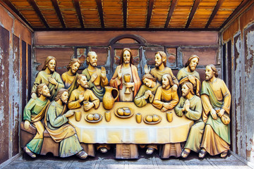 Wood carving of The Last Supper at Saint Joseph Catholic Church, Ayutthaya Thailand.