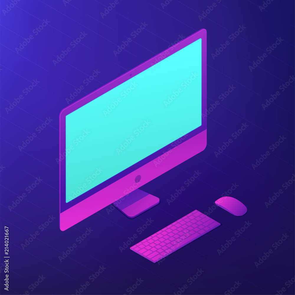 Poster isometric personal computer with a screen, keyboard and mouse