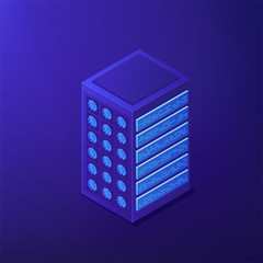 Isometric proxy server concept. Clients requests for server resources, IP address blocking and personal data in global internet web on ultra violet background. Vector 3d isometric illustration.