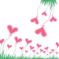 Pink heart with green grass on white background, Background for banner, Valentine Day design, Love concept, greeting card, postcard, wedding invitation, Balloon shaped like a heart