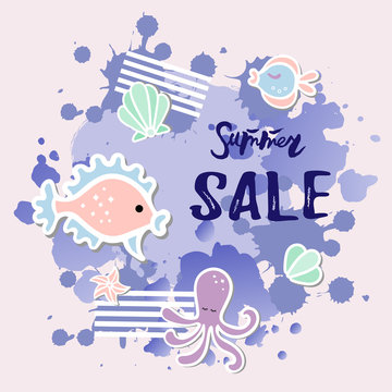 Vector illustration with octopus, fishes, watercolor splash. Summer sale banner. Template for party invitation, flayer, greeting card. Postcard motive.