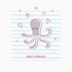 Vector illustration with cute octopus. Baby shower party invitation. Template for party invitation, greeting card, poster, love you card.