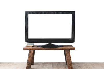 Empty white flat TV screen on wood stand .