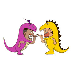 Little boy in a monster dress quarreling