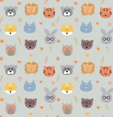 Seamless pattern with colorful cartoon funny animals heads